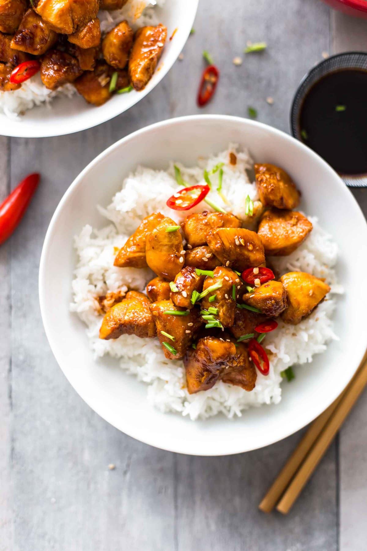 bourbon chicken served with white rice