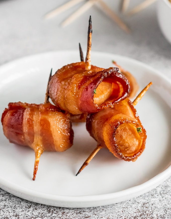 a plate of bacon wrapped water chestnuts