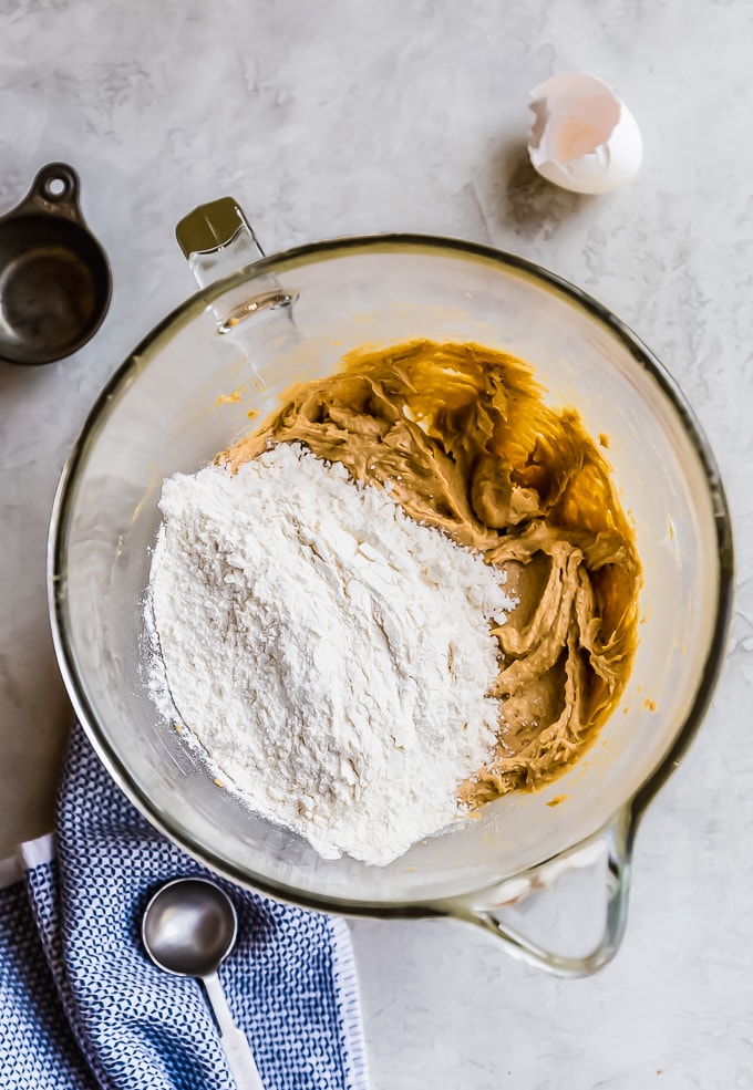 flour and peanut butter in a clear mixing bowl