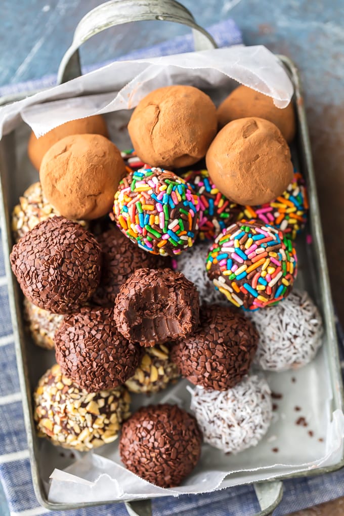 overhead picture of easy chocolate truffles with bite taken out