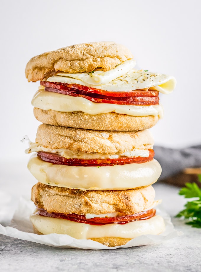 Egg White Delight sandwiches stacked three high.