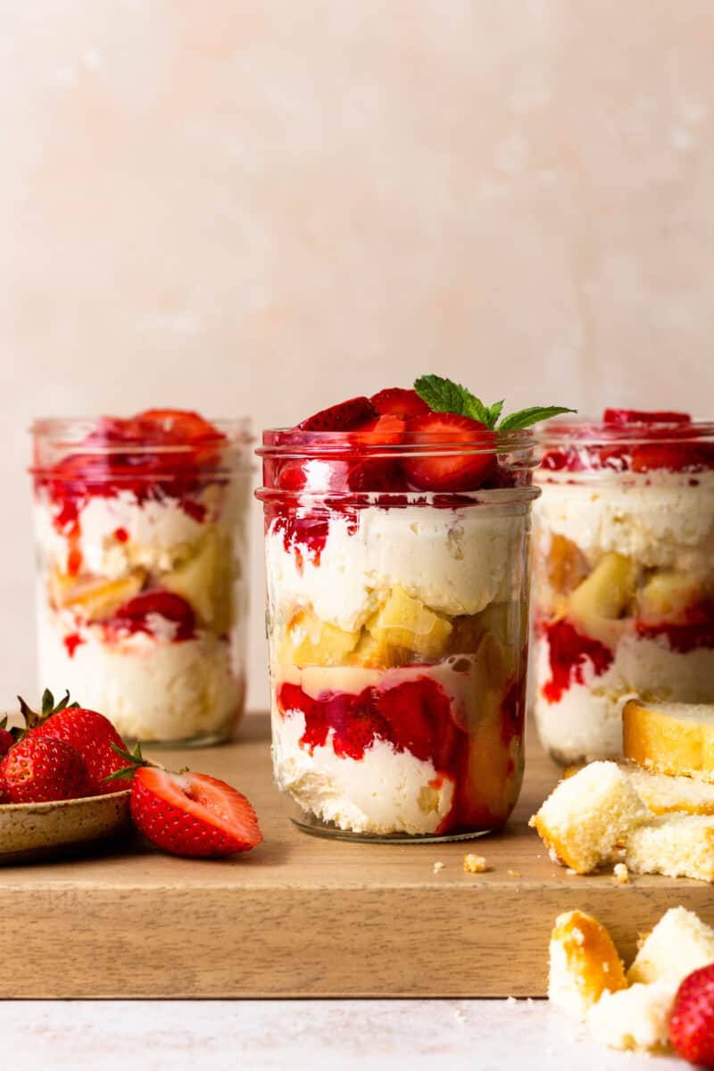 three jars of strawberry shortcake in cups