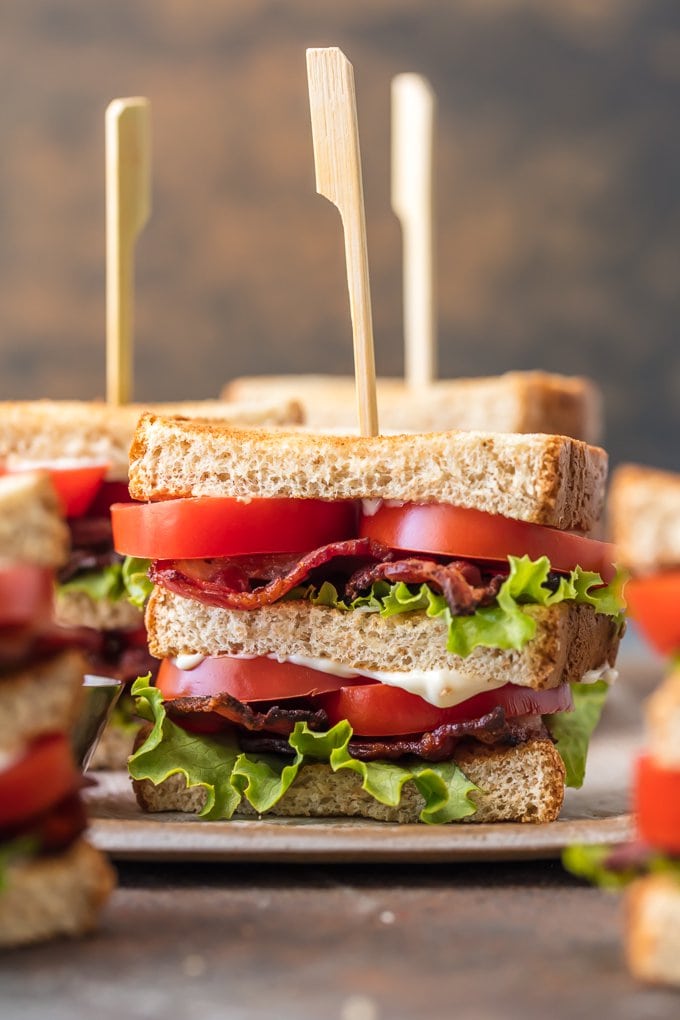 close up image of blt sandwich on a plate