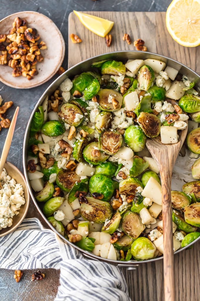 saute pan with brussels sprouts, walnuts, and cheese