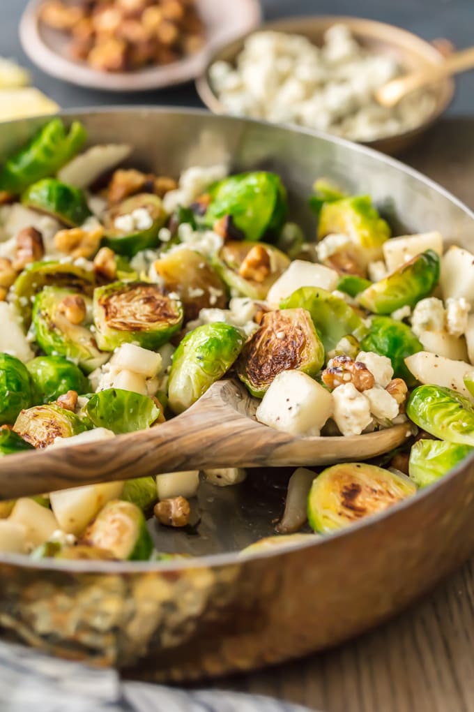 brussels sprouts, blue cheese, and walnuts, in a skillet