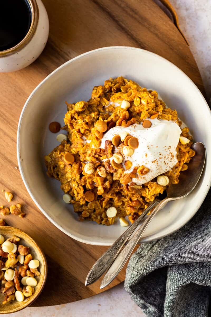 pumpkin oatmeal in white bowl