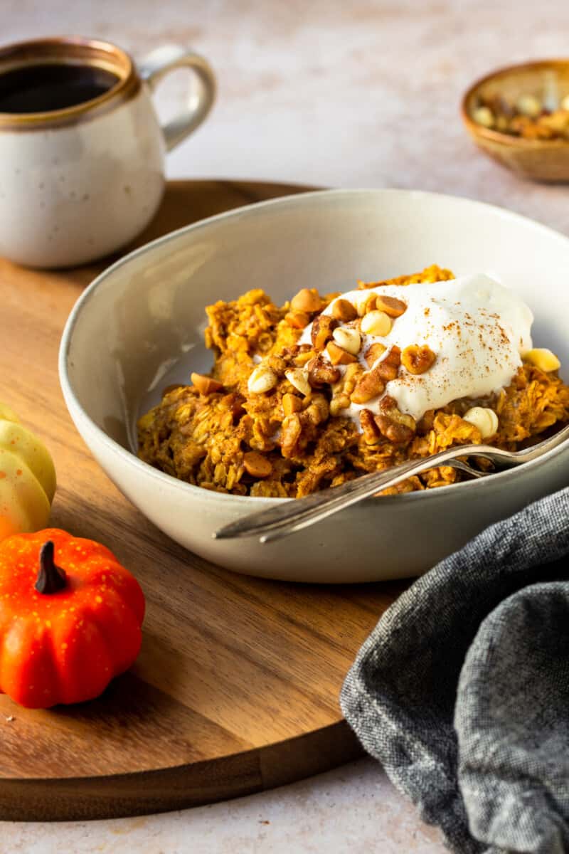 pumpkin oatmeal in white bowl