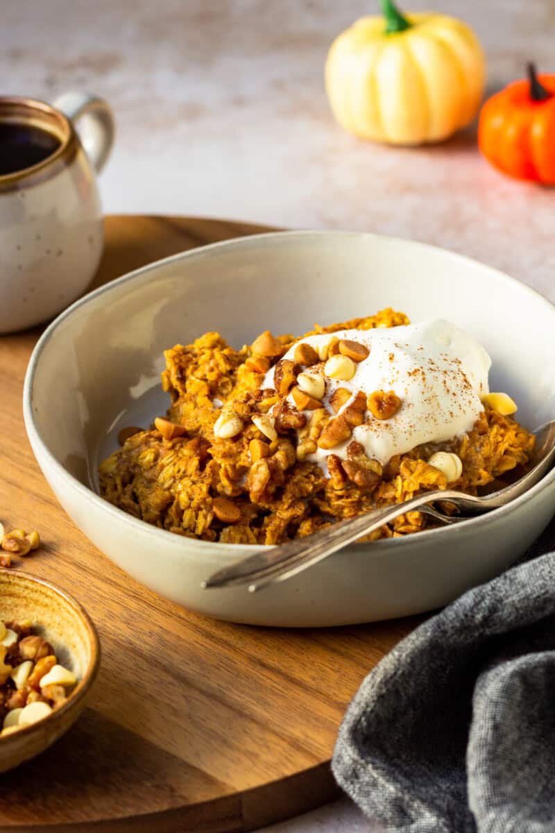 pumpkin oatmeal in white bowl