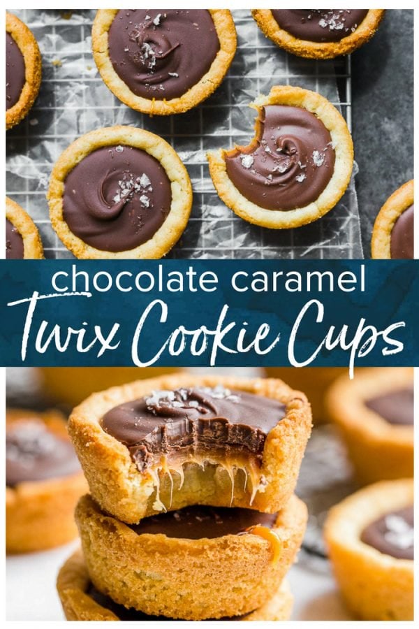 Twix Cookies are the easiest way to get your chocolate and caramel fix. This Twix Cookie Cups recipe is inspired by (obviously) the delicious Twix candy bar. These layered cookie cups are made in a muffin pan and they create the most perfect chocolate caramel cookie. Great for holidays and parties!