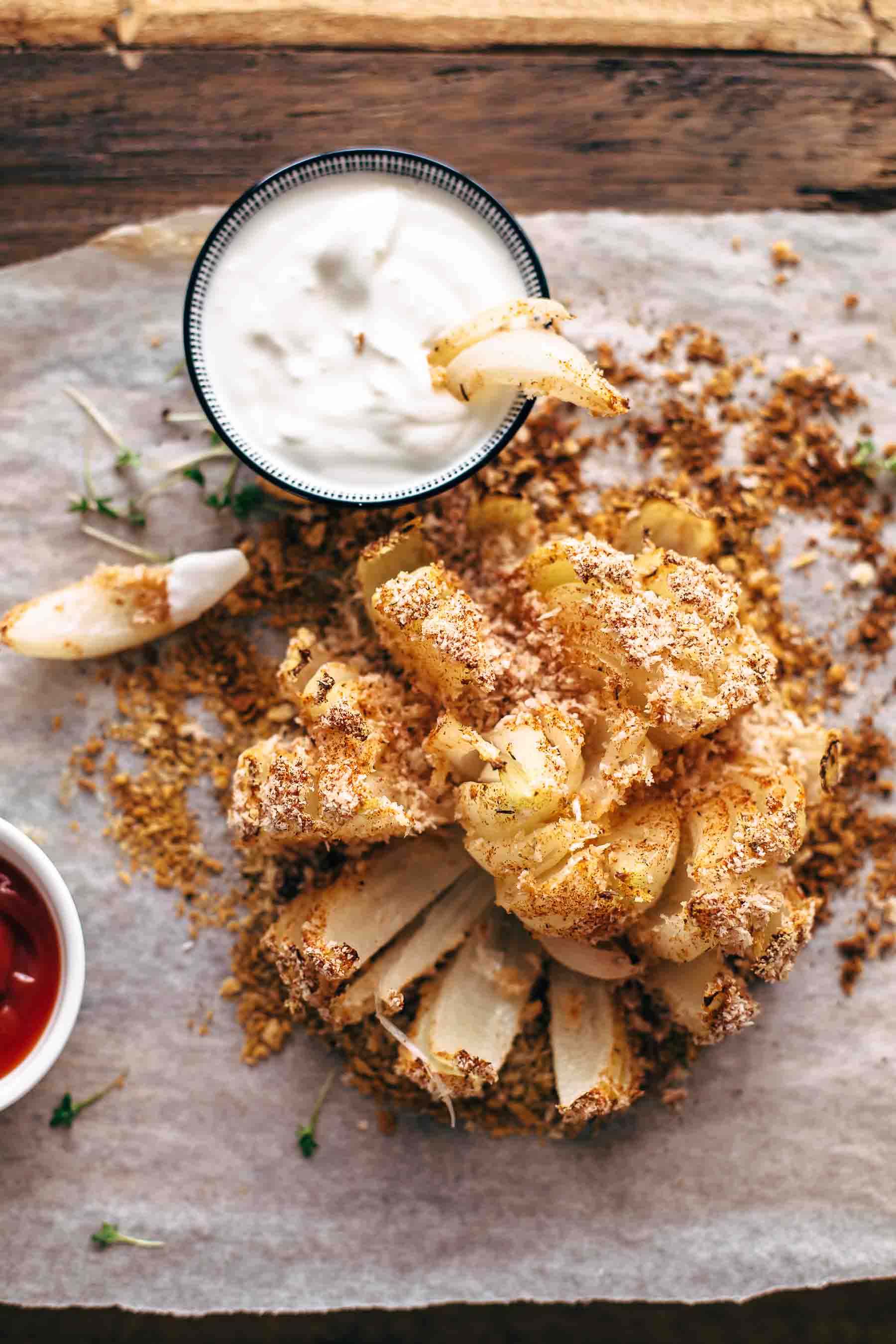 overhead shot up close of bake blooming onion