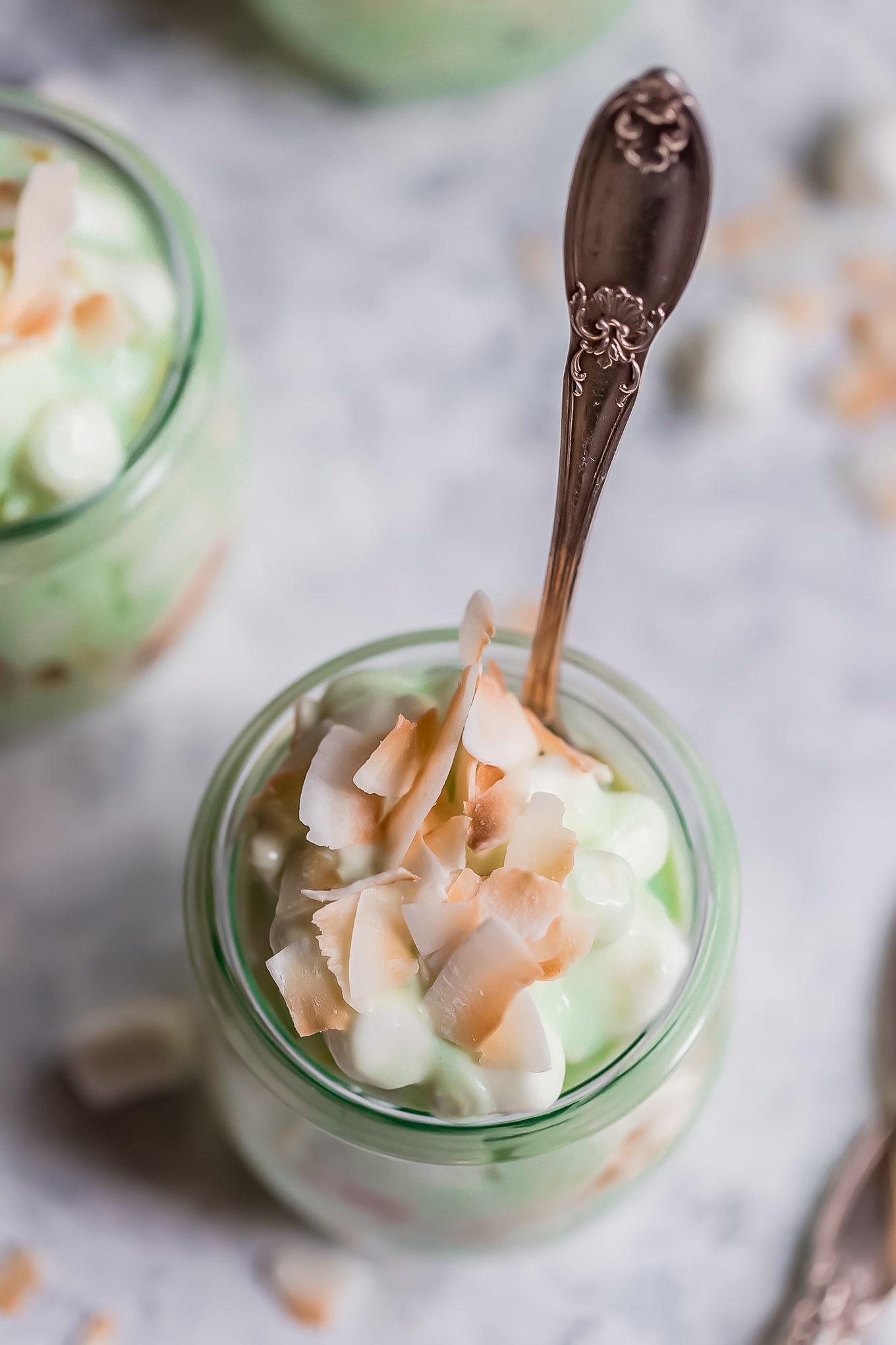 overhead view of pistachio fluff topped with mini marshmallows