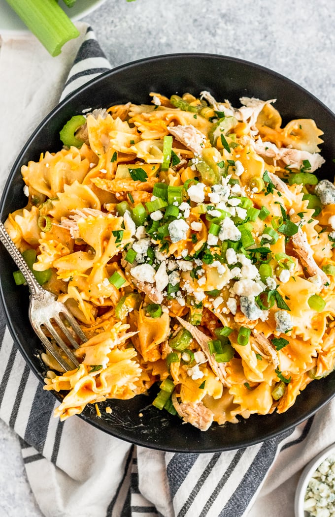 fork in buffalo chicken pasta salad