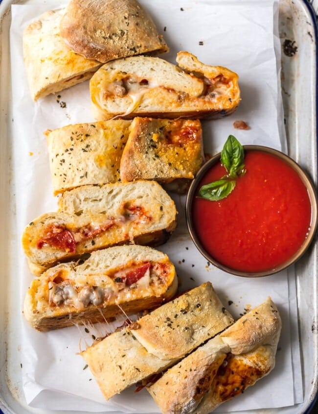 slices of stromboli with marinara sauce