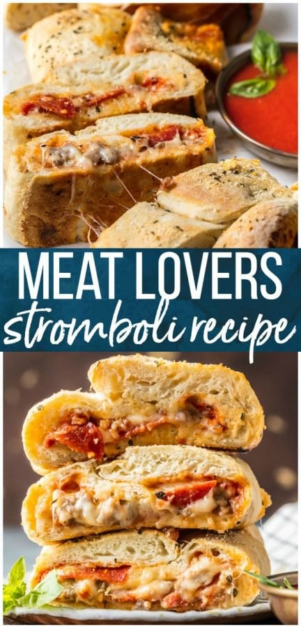 This EASY Stromboli Recipe is one of our go-to weeknight meals the entire family LOVES. Meat Lovers Stromboli is stuffed with juicy sausage, pepperoni, and bacon and loaded with cheese. The crust bakes up crispy on the outside and fluffy on the inside for the ultimate and perfect Stromboli! 