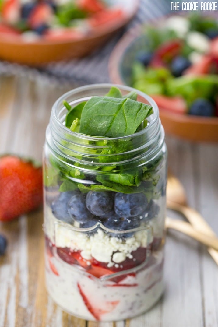 top view of mason jar with salad in it