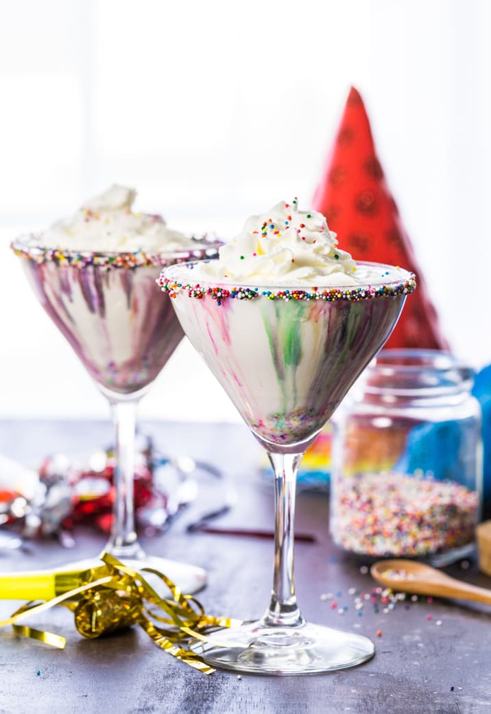 Funfetti Cake Batter Martinis on a table