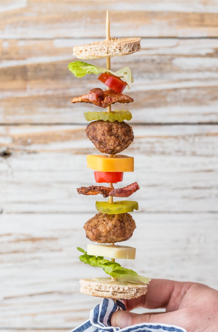 cheeseburger ingredients on a stick