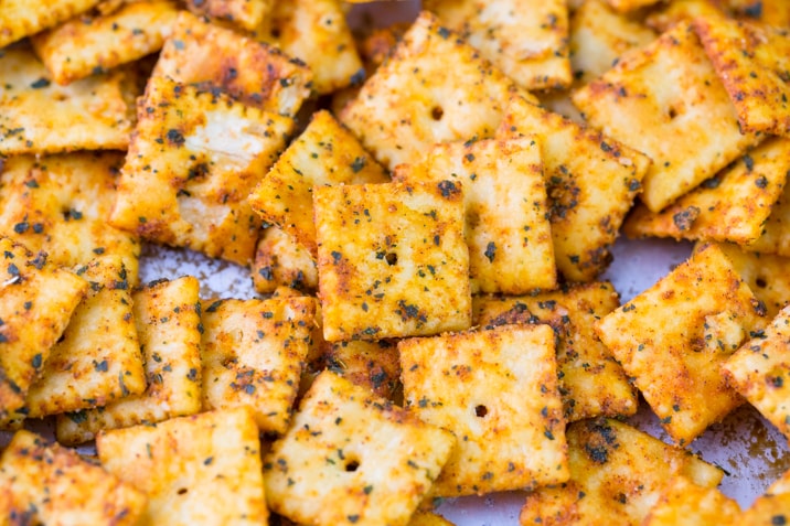 close up view of spices on crackers