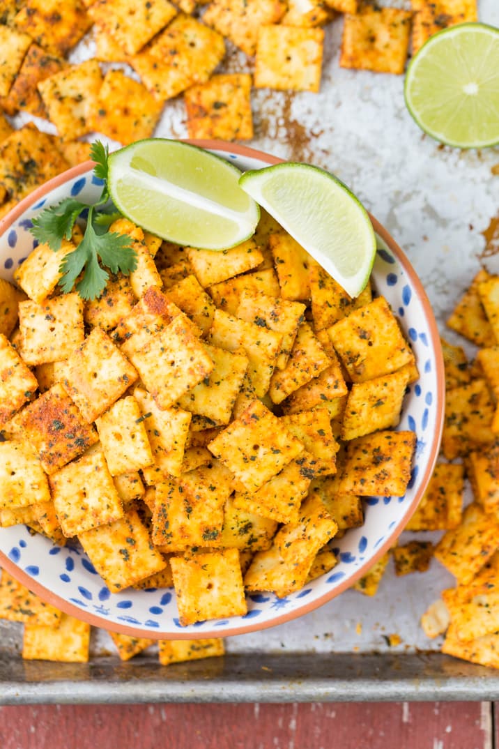 view of crackers with sliced lime 