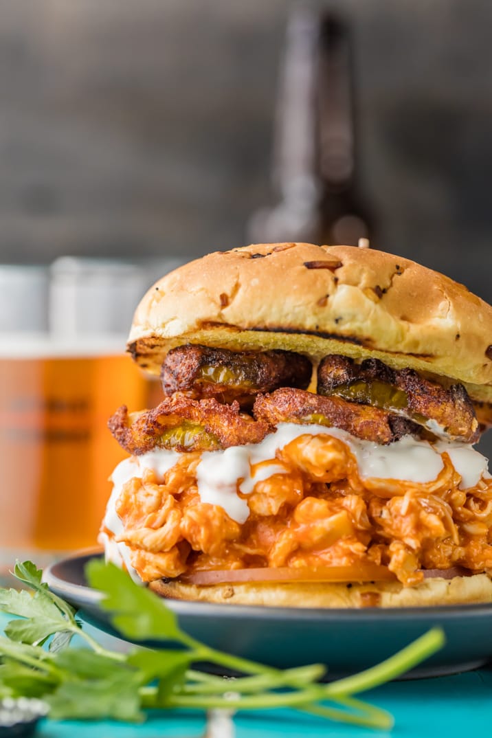 buffalo chicken sandwich with fried pickles