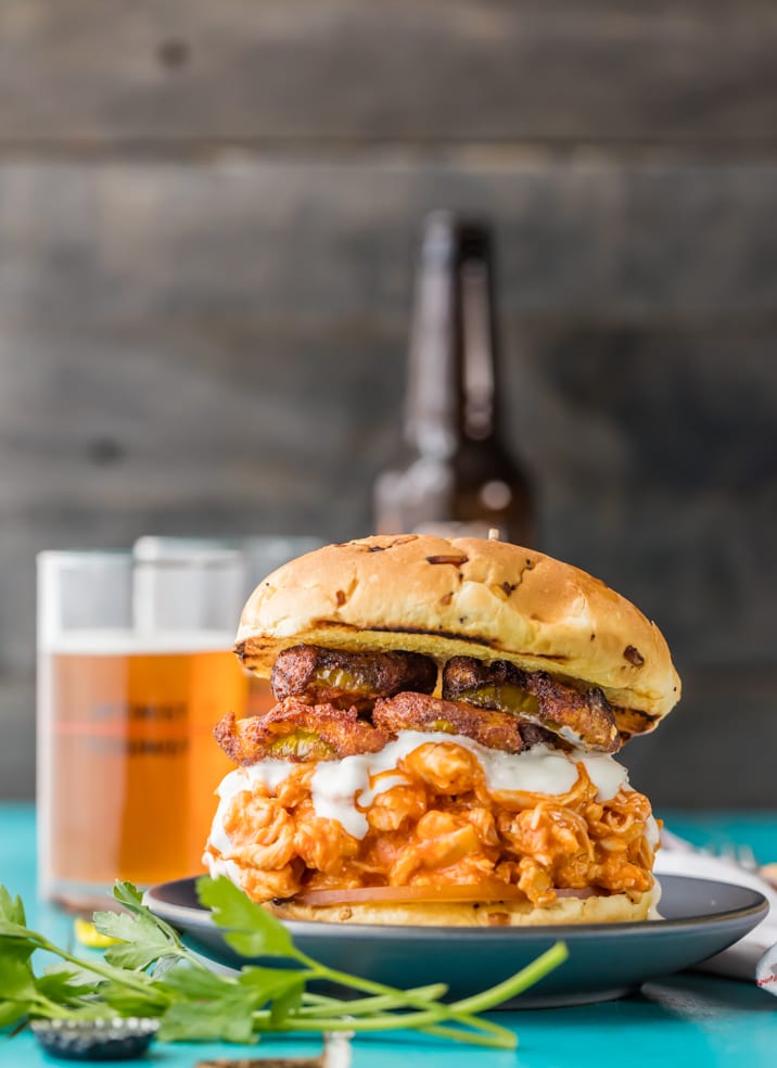 Crockpot buffalo chicken sandwich with ranch fried pickles