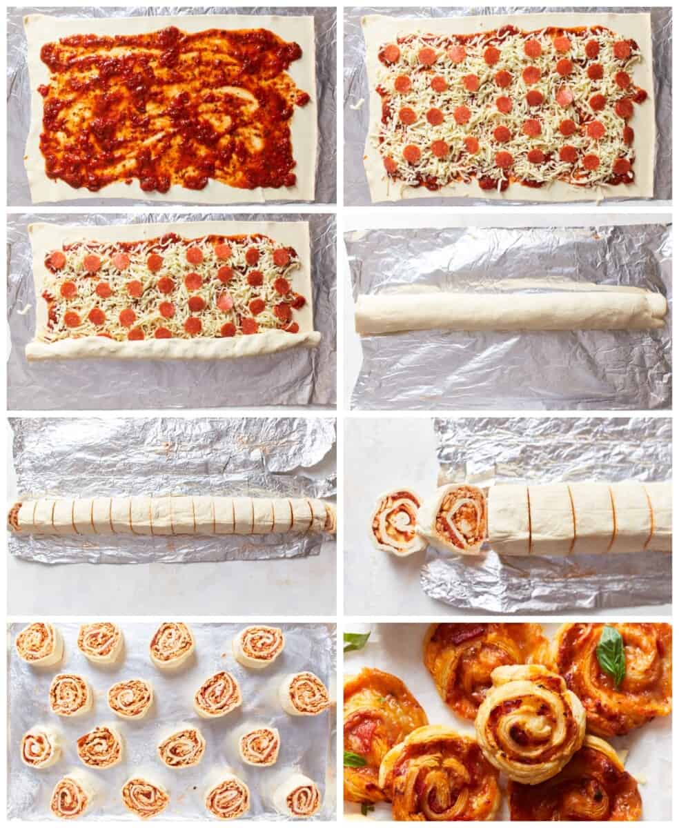 step by step photos for how to make pepperoni pizza rolls.