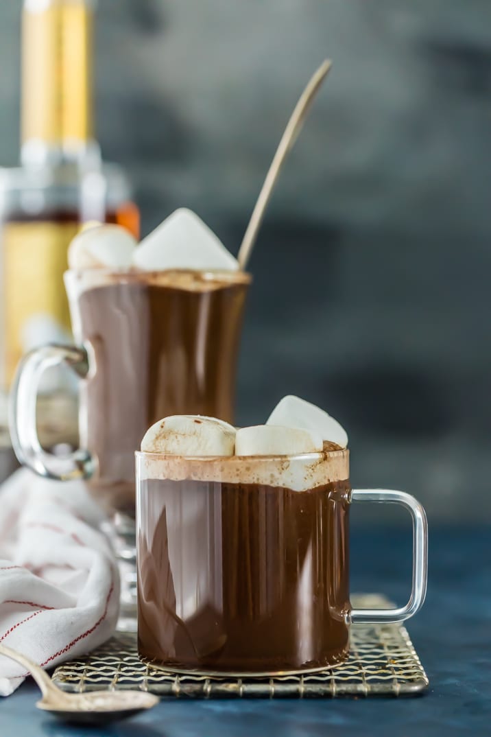 Hot chocolate buttered rum in two glass mugs