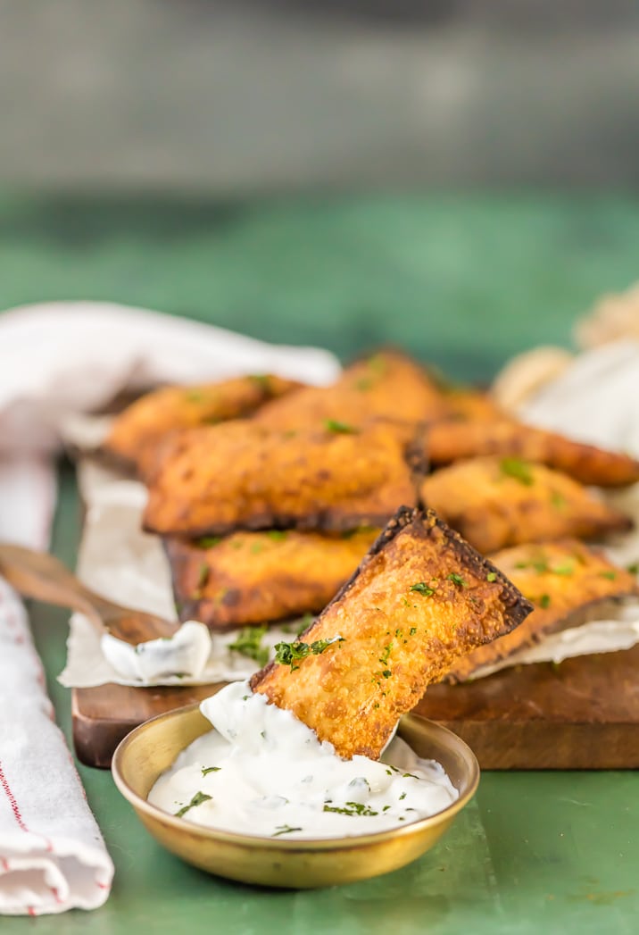 mini fried taco pizza pockets in sour cream dip