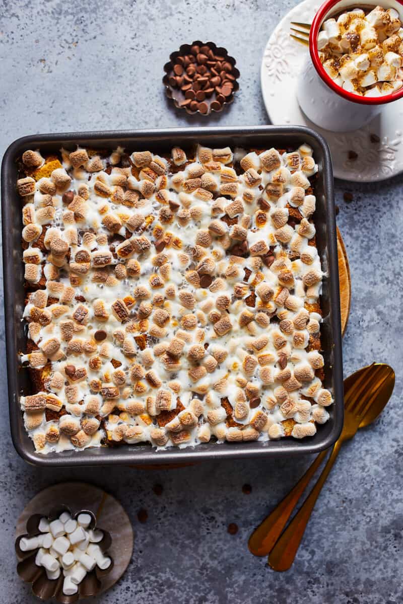 hot chocolate bread pudding in baking dish