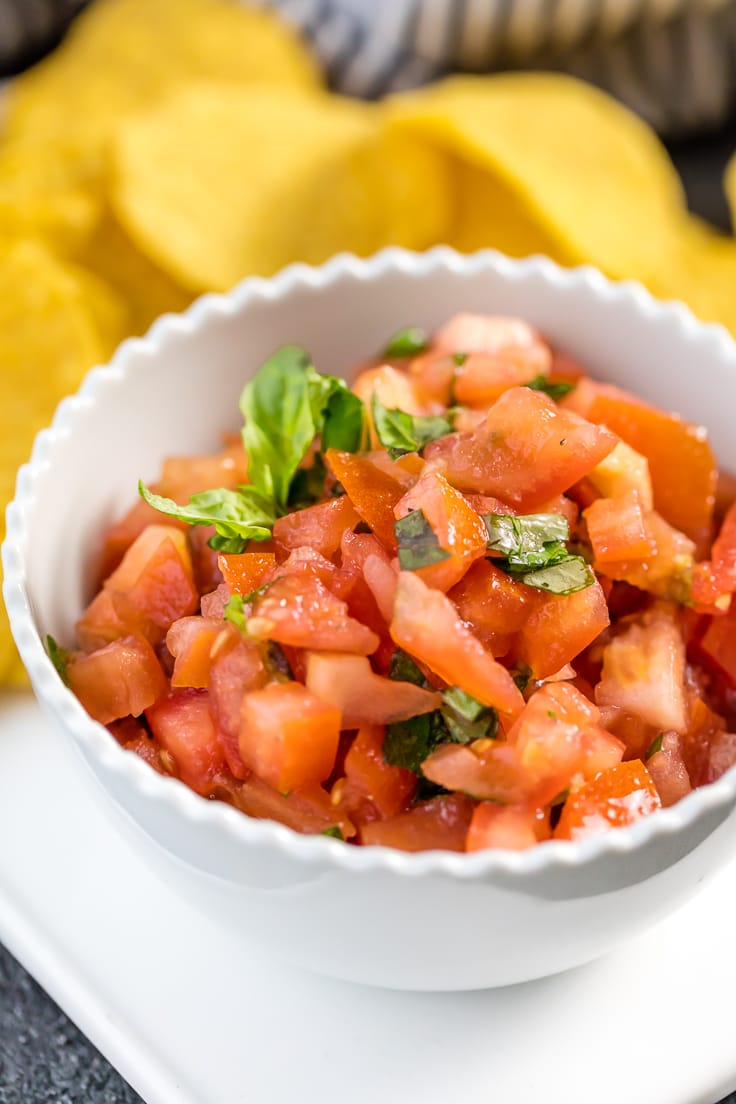 close up of Italian salsa in white bowl.