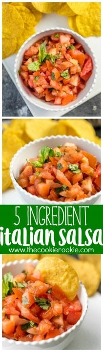 This EASY Italian Salsa has only has 5 ingredients! Love these flavors as a dip or bruschetta topper. Simple to throw together and gone in minutes! Favorite easy salsa recipe!