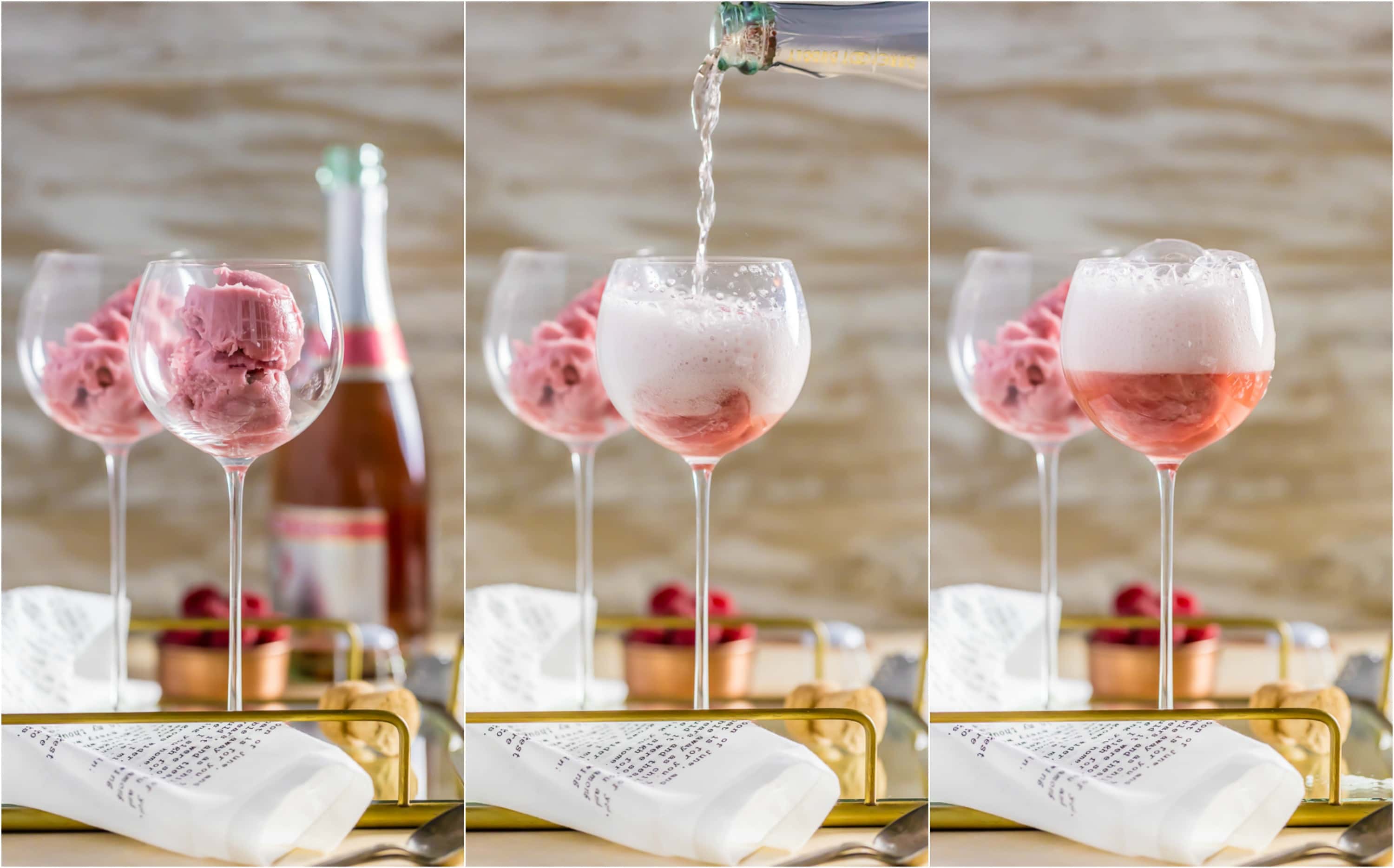 three photo collage: two wine glasses with raspberry sorbet; pouring champagne into one glass; one glass filled with champagne bubbles