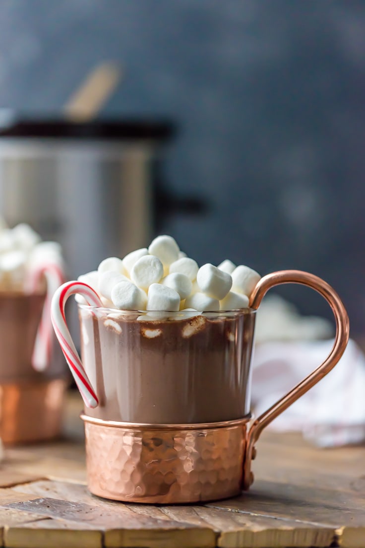 Glass mug with copper handle filled with peppermint hot chocolate