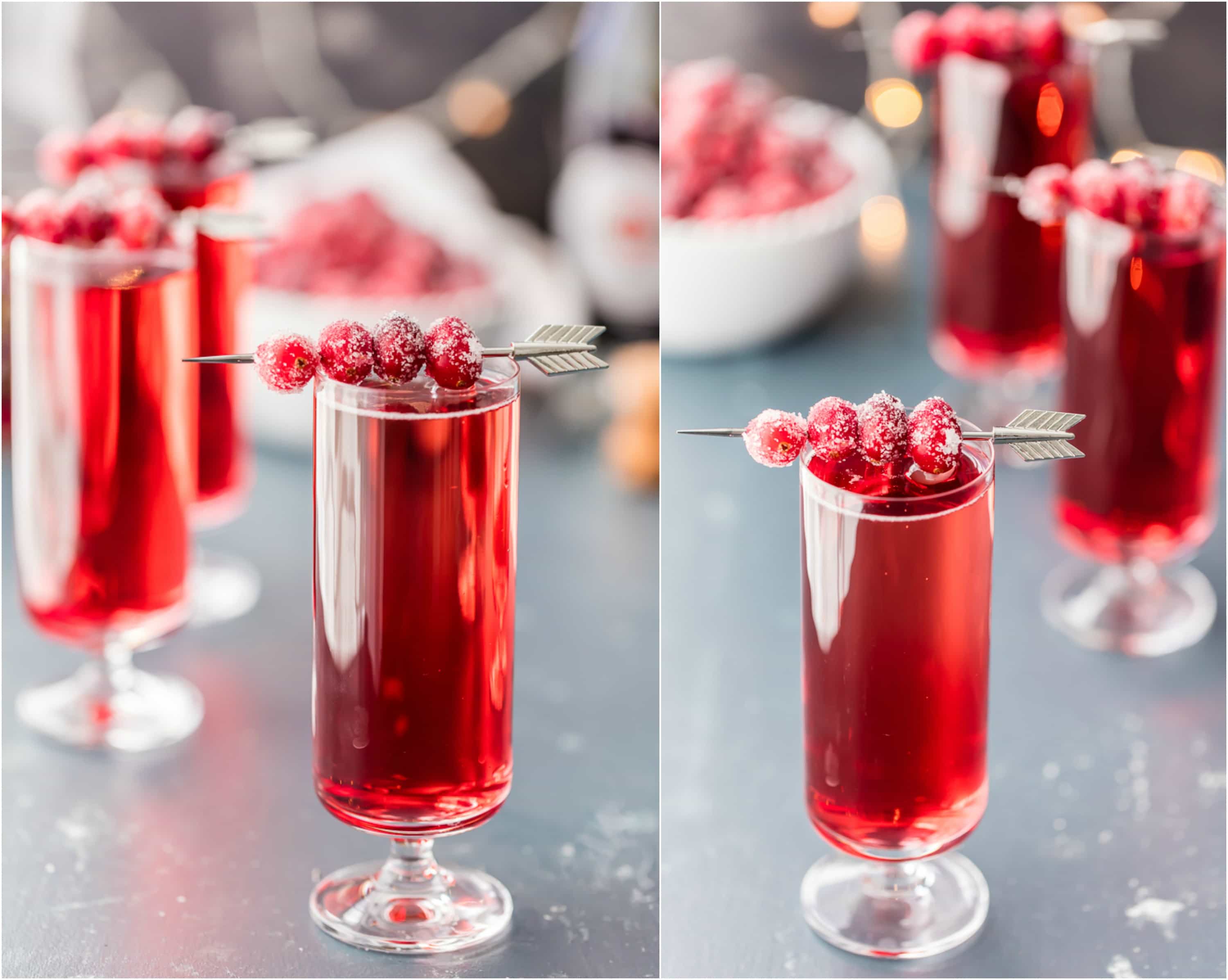 two pictures of cranberry ginger mimosas with sugared cranberry garnish