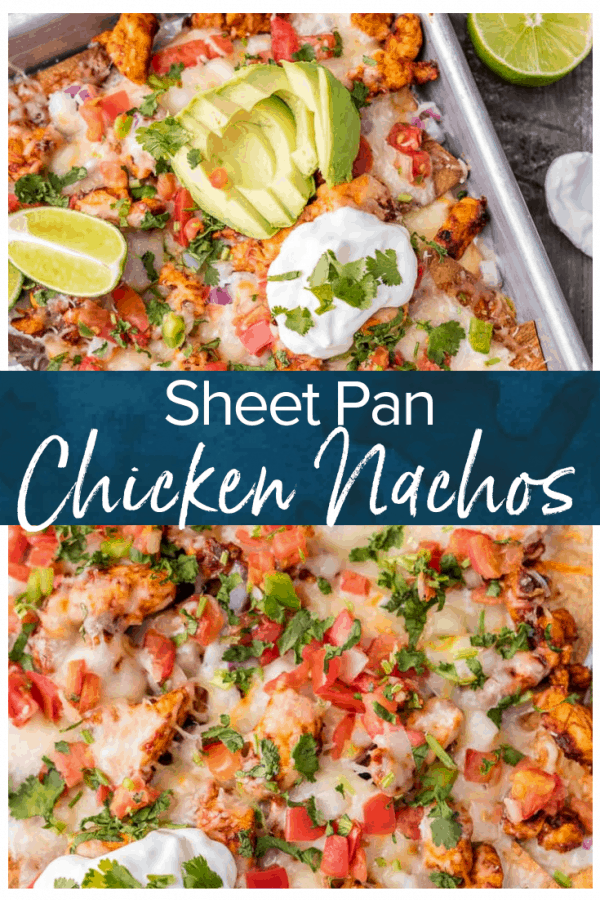 Chicken Nachos are great for feeding a crowd! This Tequila Lime Baked Chicken Nachos recipe is just AMAZING! These easy sheet pan nachos are so delicious, and perfect for any occasion.