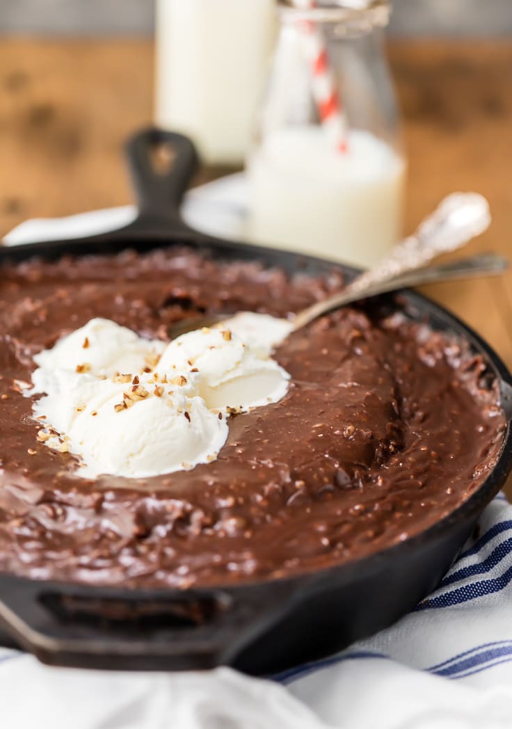 skillet cake topped with ice cream