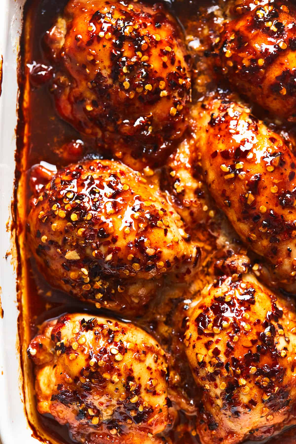 baked honey garlic chicken thighs in casserole dish