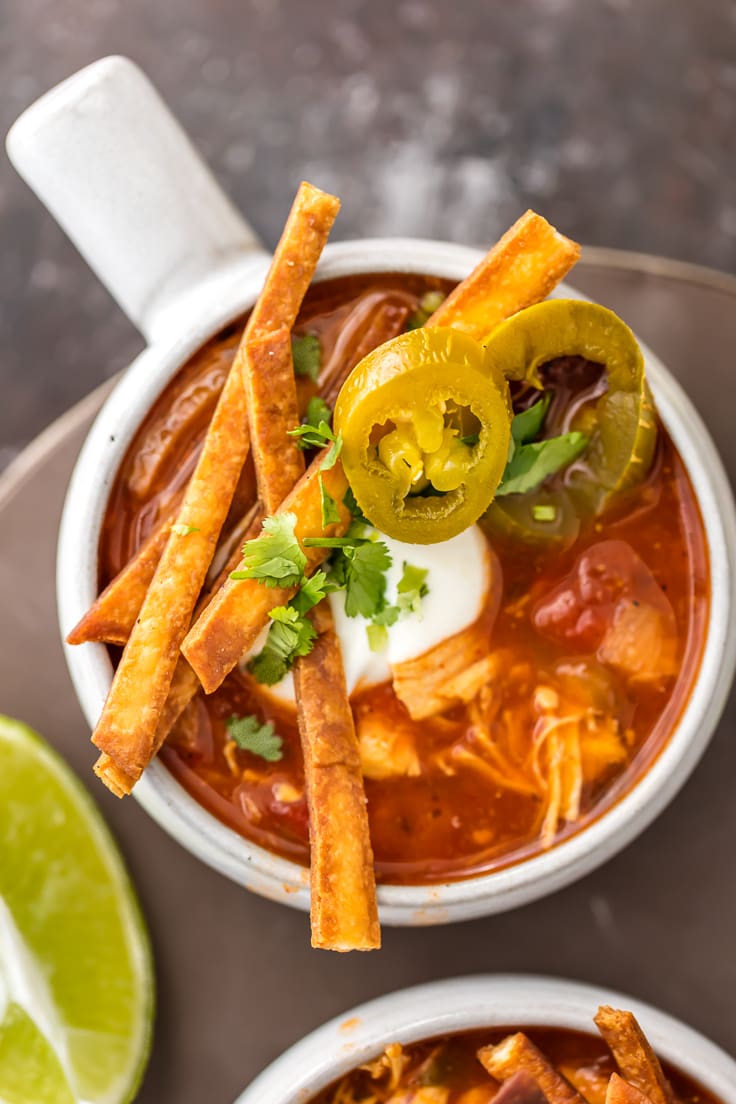 close up on a bowl of chicken tortilla soup