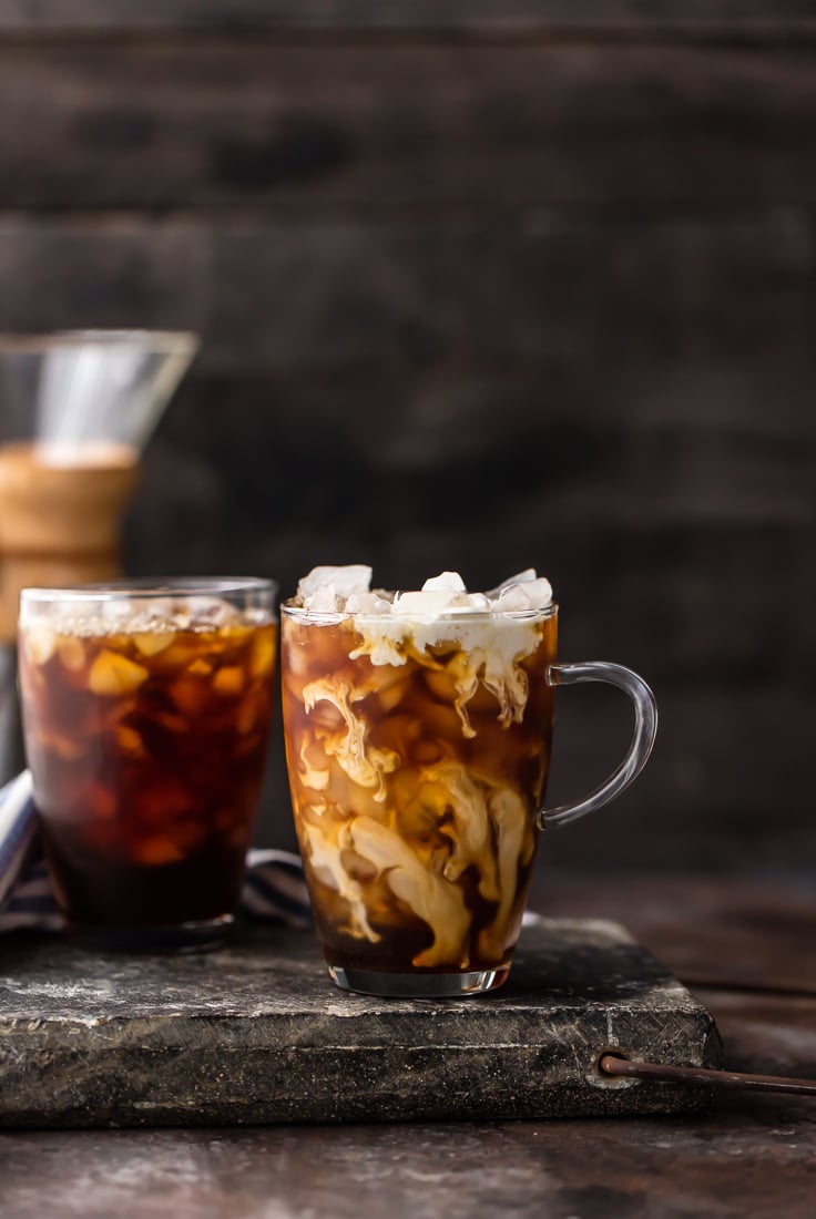 two glass mugs with thai iced coffee