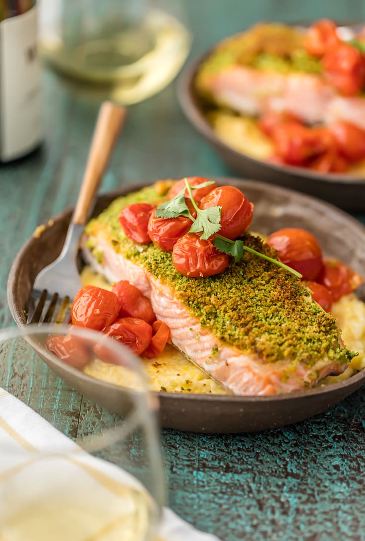 healthy salmon recipe with cheese polenta and tomatoes