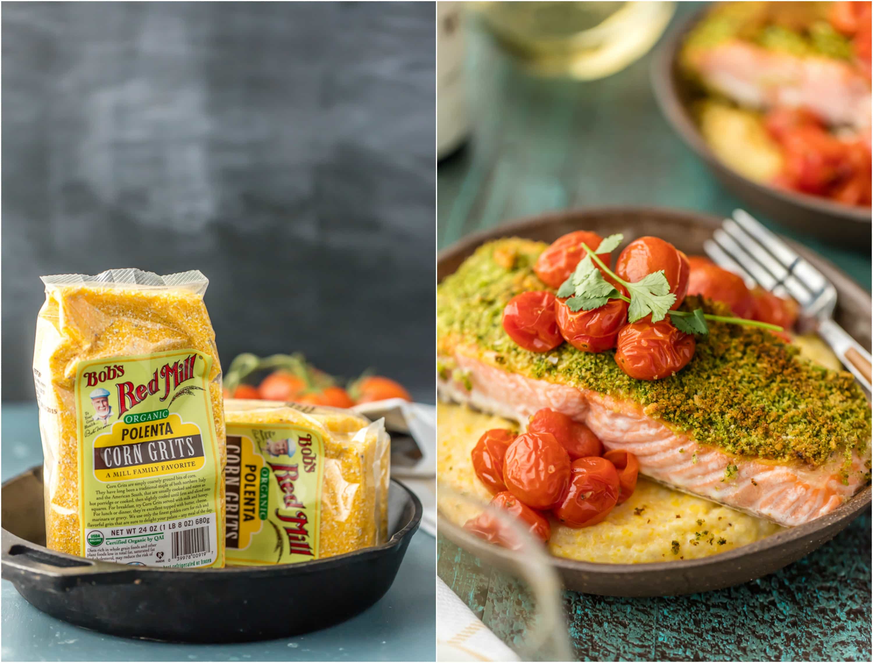 Bob's Red Mill organic polenta corn grits in a pan and crusted salmon