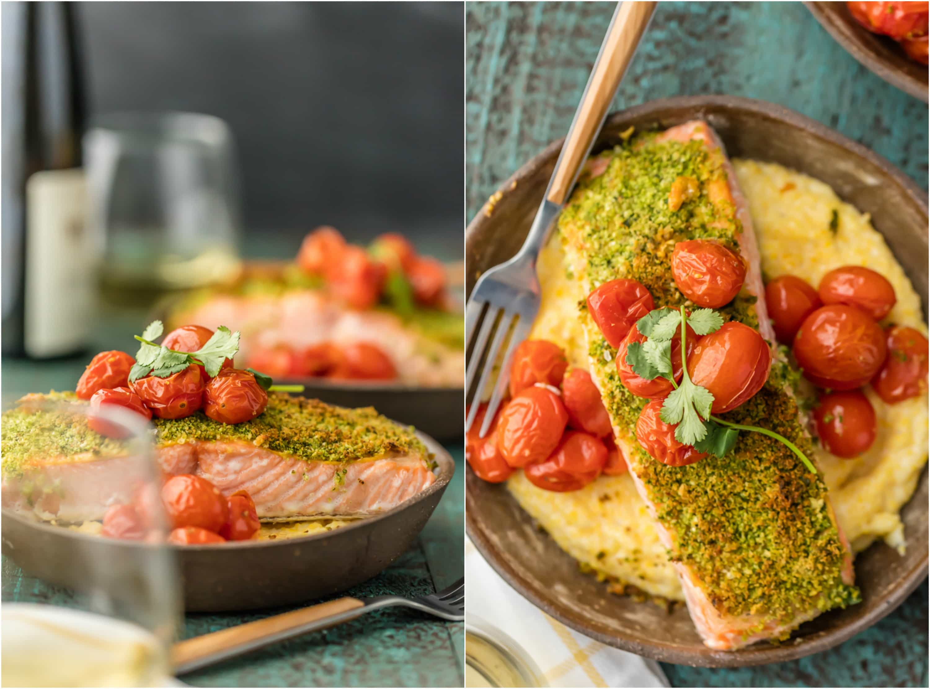 herb crusted salmon and polenta, topped with roasted tomatoes