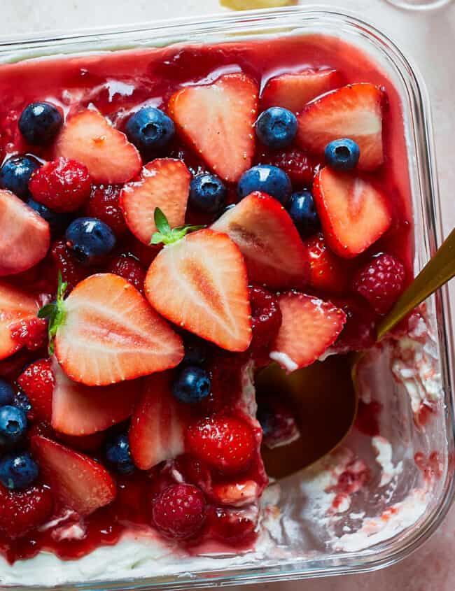 up close triple berry tiramisu in pan