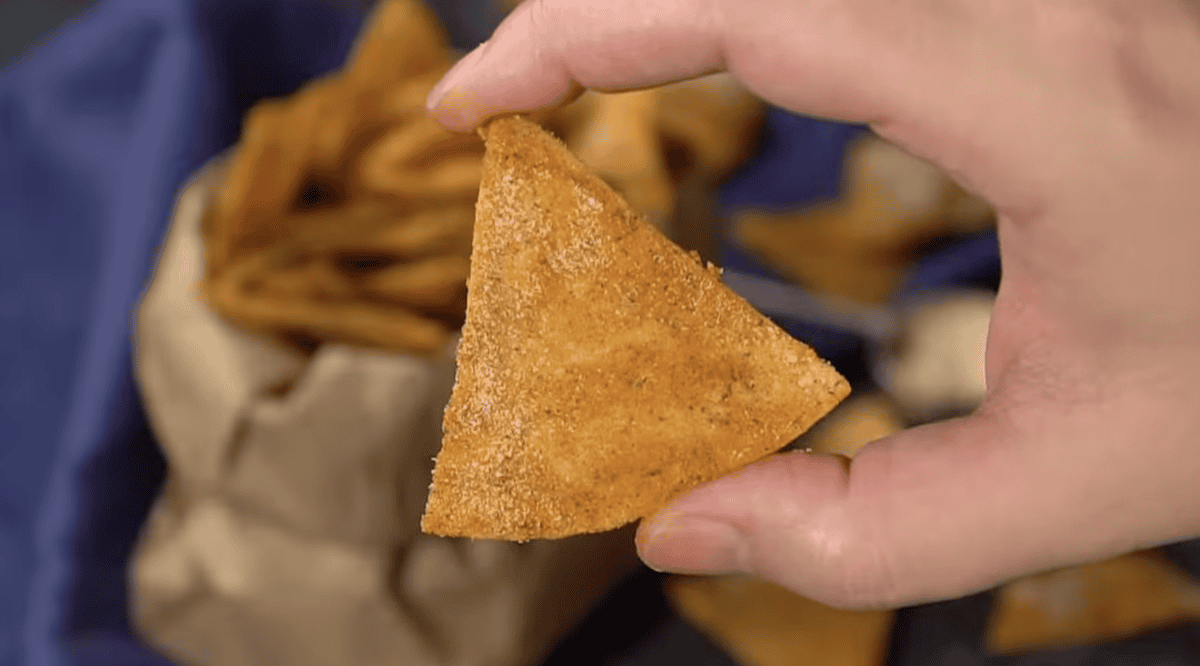 closeup of a homemade cool ranch dorito.