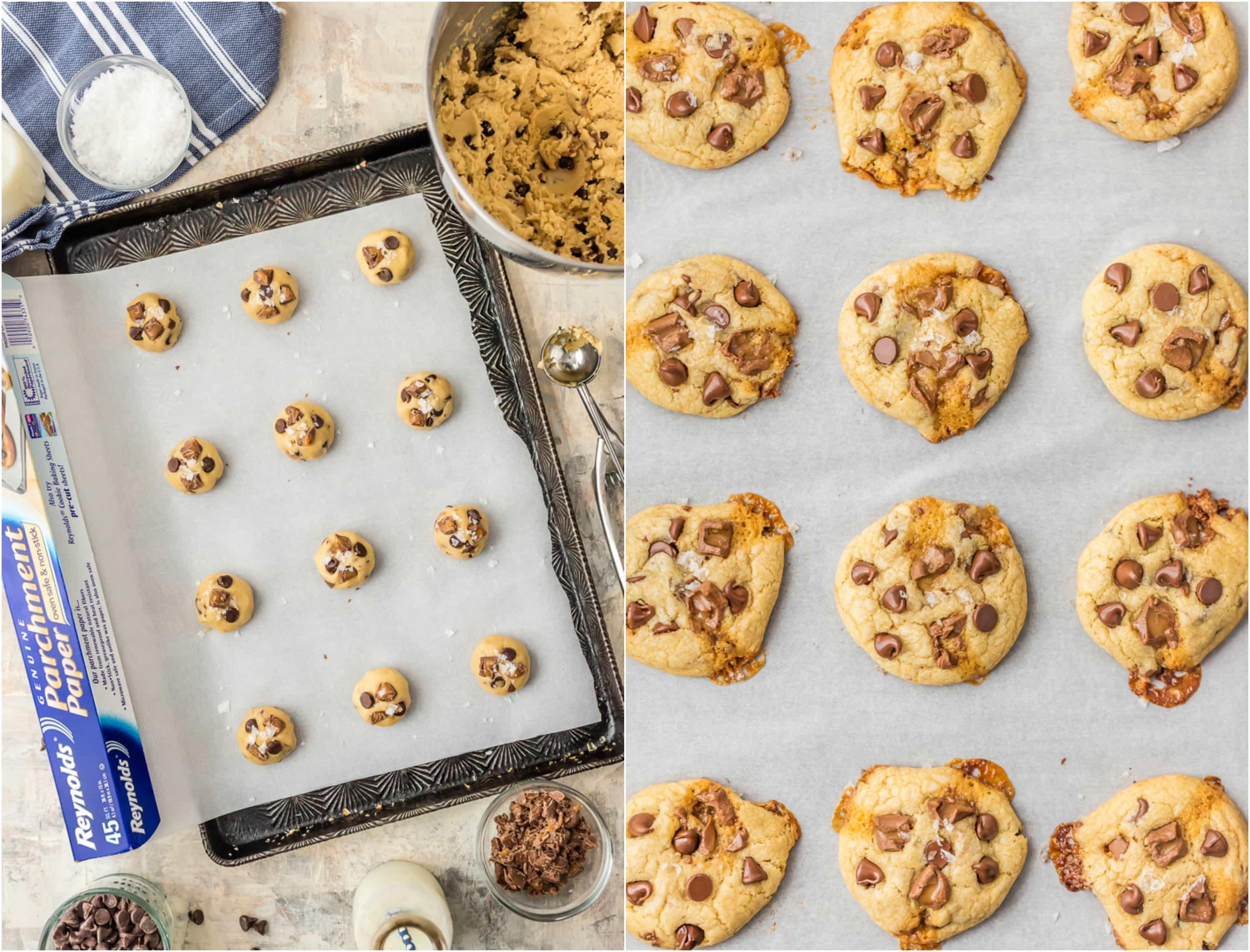 cookie dough balls on cookie sheet and then baked cookies on sheet