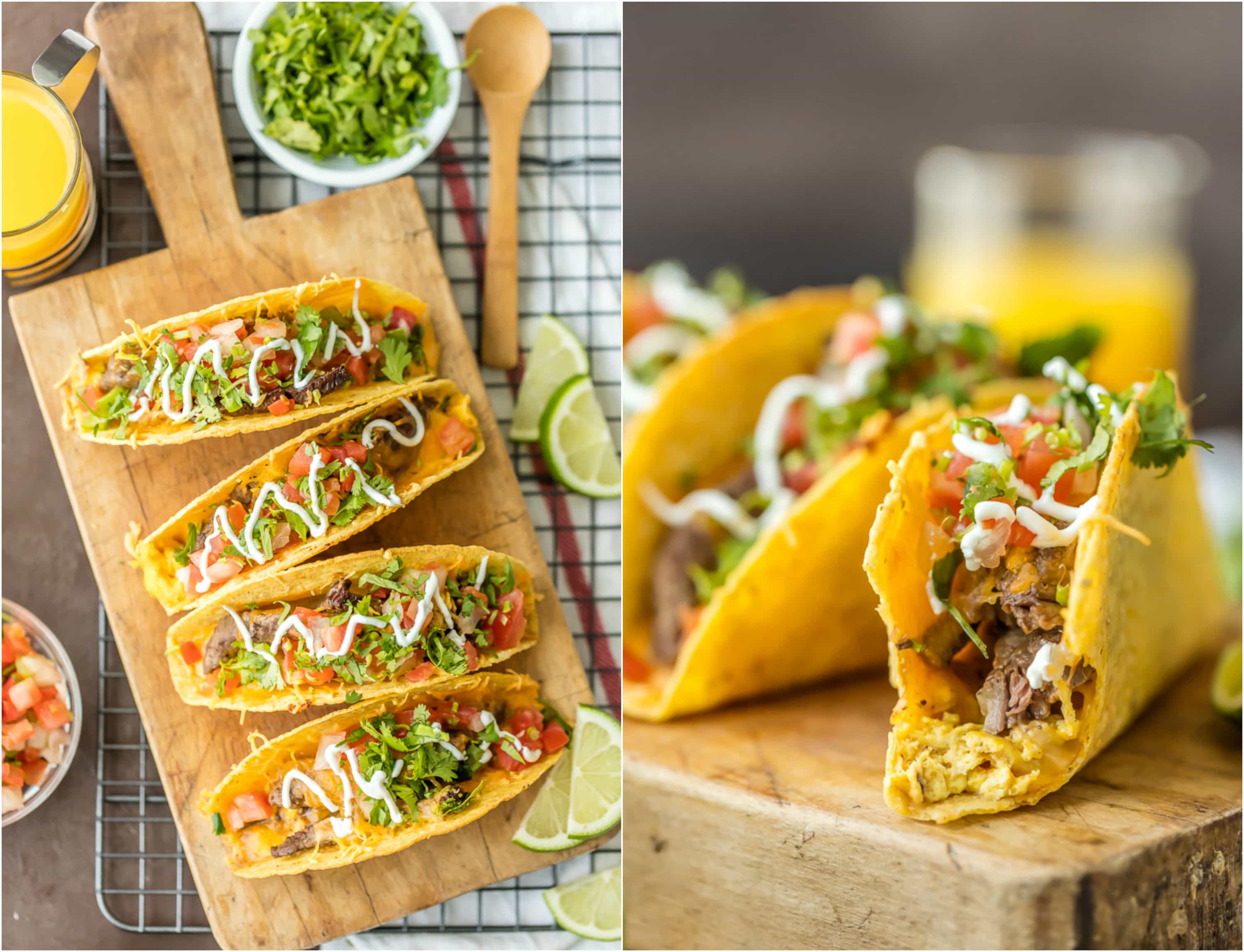 tacos filled with steak, eggs, and cheese