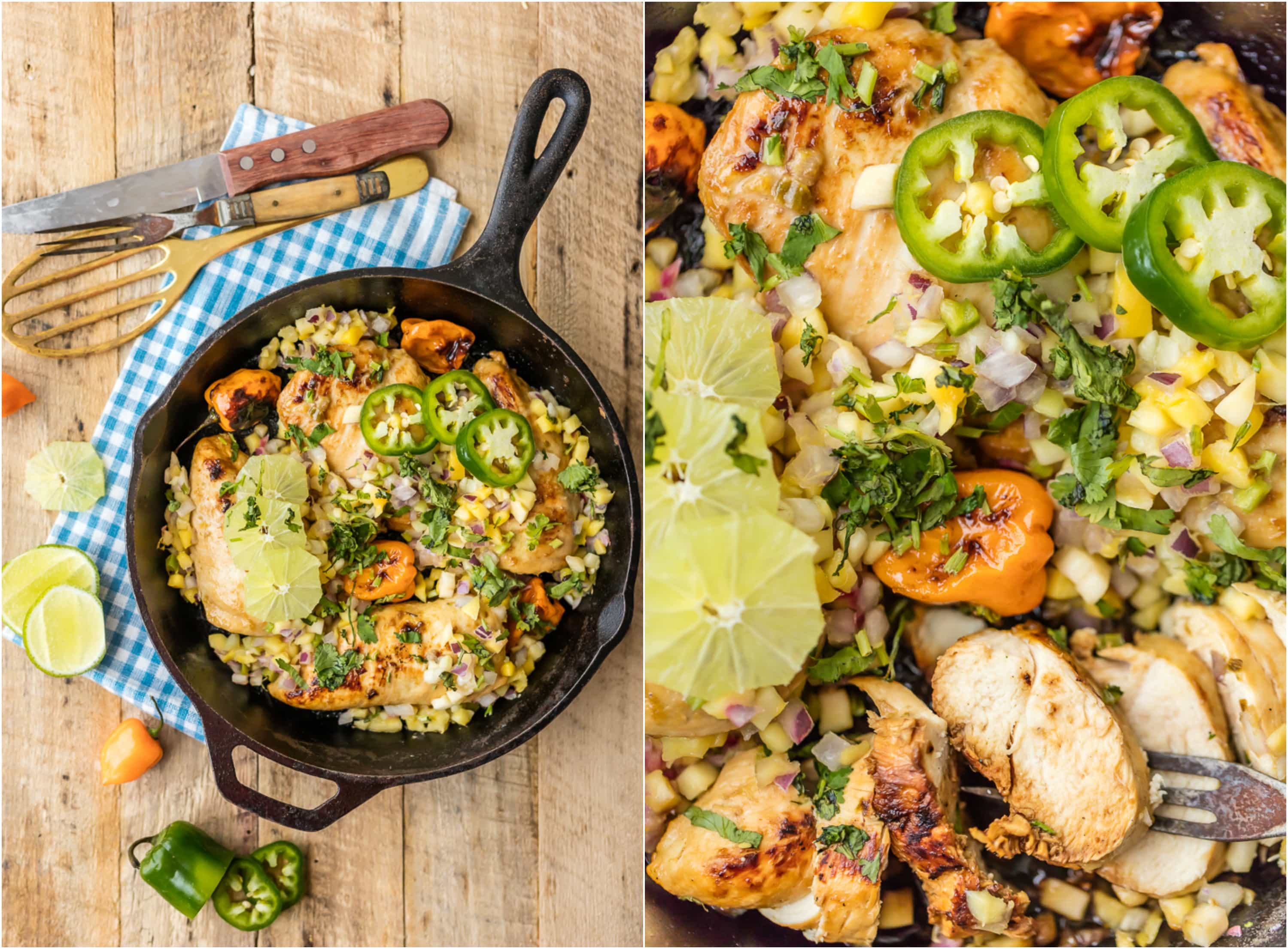 Make this SKINNY ONE PAN CARIBBEAN JERK CHICKEN SKILLET in just 15 minutes! Topped with mango salsa for a cool kick. A delicious and easy weeknight meal!