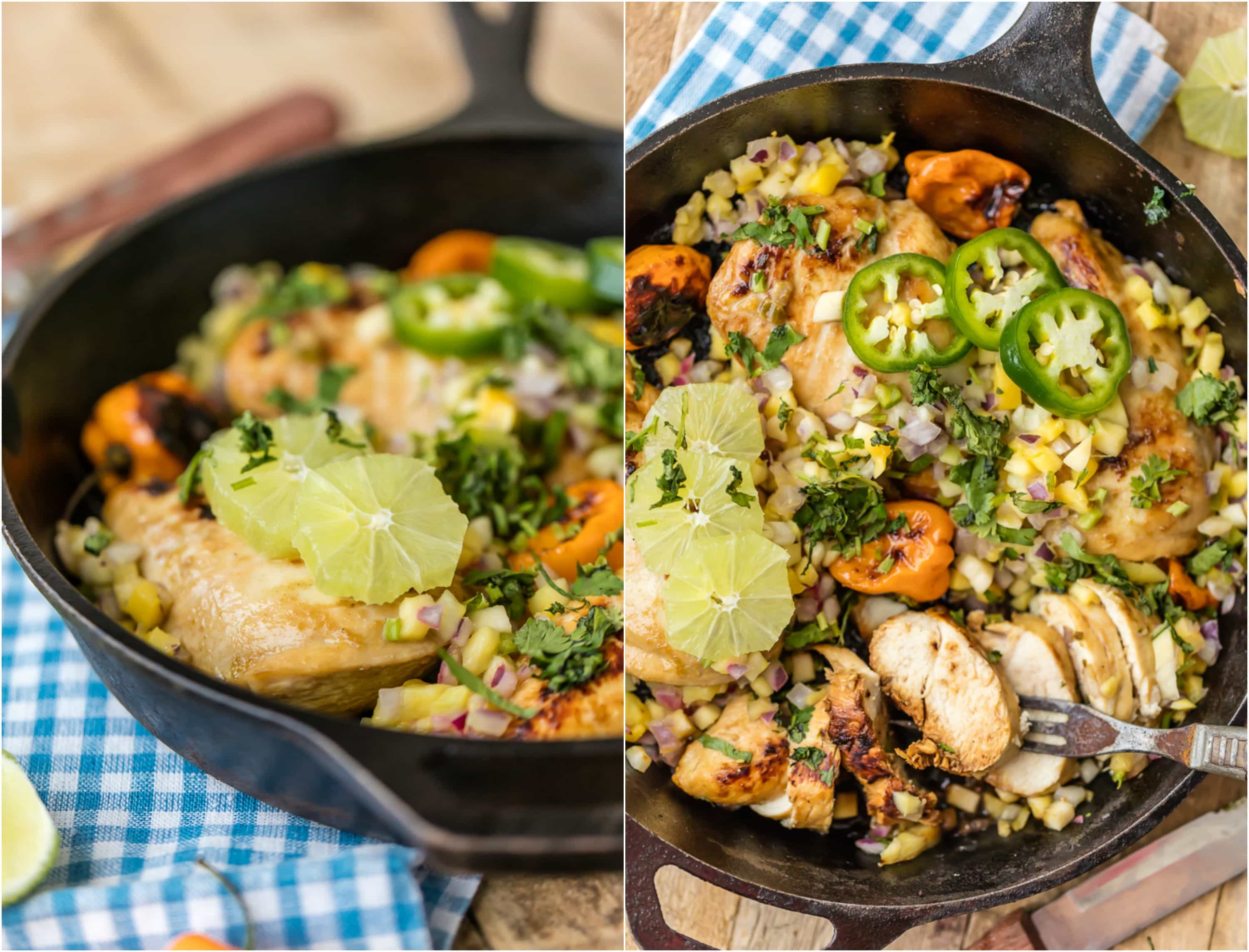 skillet filled with chicken, peppers, mango salsa, and more