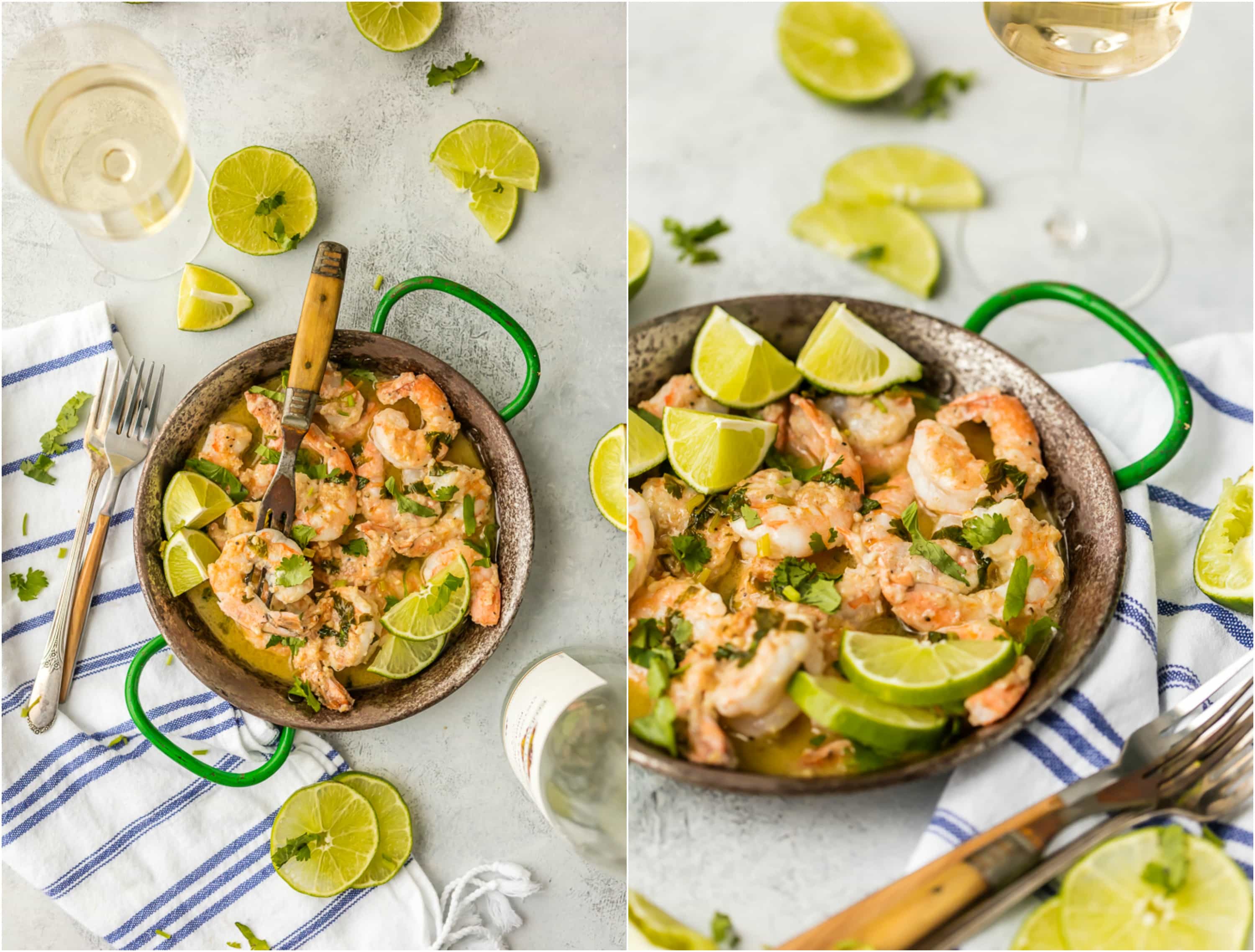 bowl of shrimp on a table with a glass of white wine