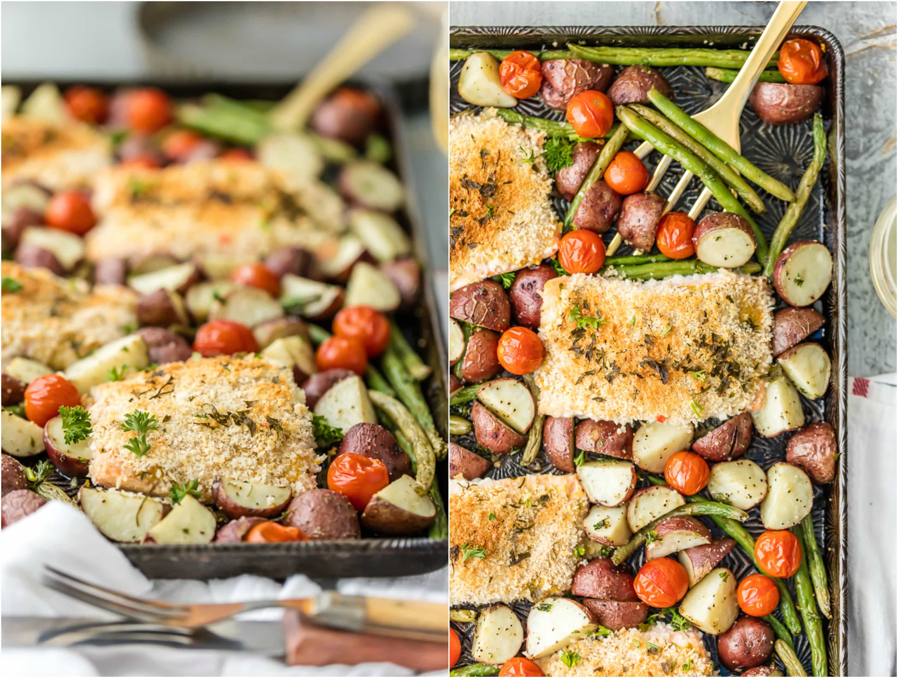 Sheet Pan Honey Mustard Crusted Salmon is the perfect healthy one pan meal! Made in under 30 minutes, skinny, and full of flavor. Oven baked salmon on a baking sheet with potatoes, tomatoes, and green beans!